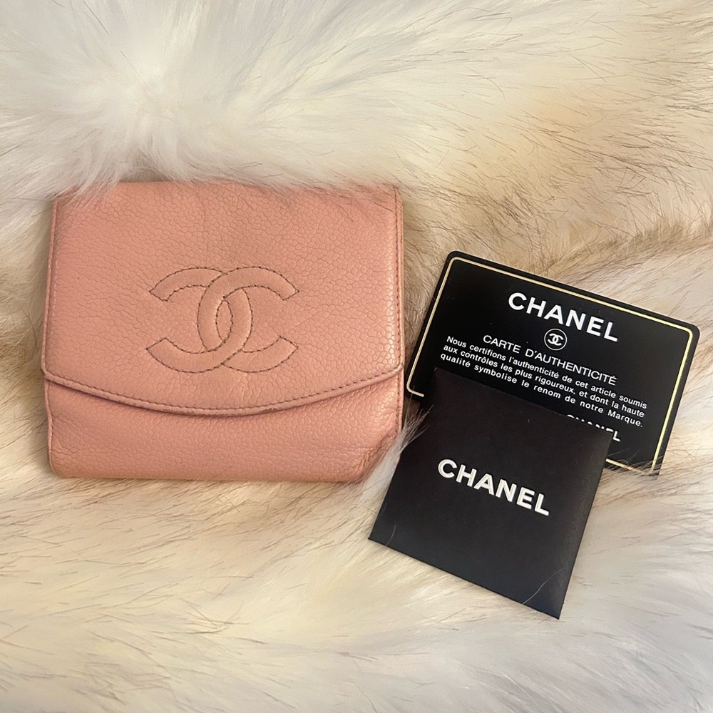 CHANEL Vintage PINK Caviar Pebble Leather WALLET Bifold authenticity card book